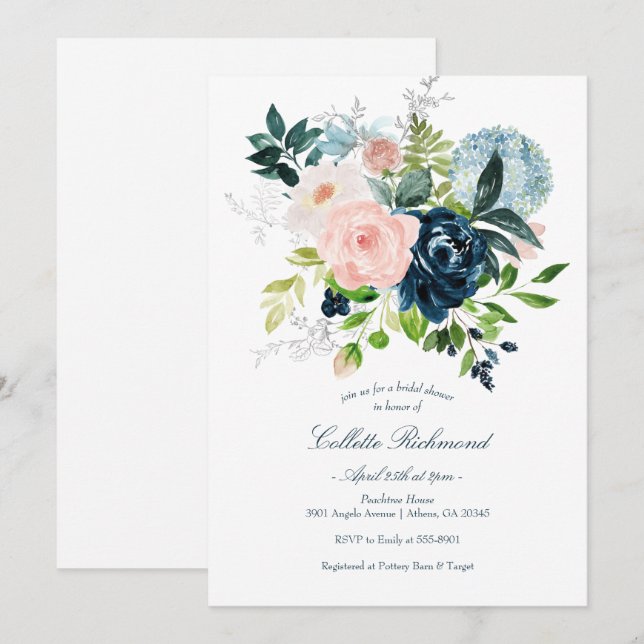 Blush Navy Floral Bridal Shower Invitation (Front/Back)