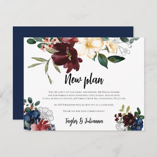 Blush Navy Floral Bridal Shower Postponement Card