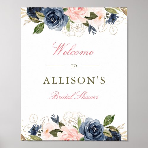 blush  navy floral bridal shower welcome sign