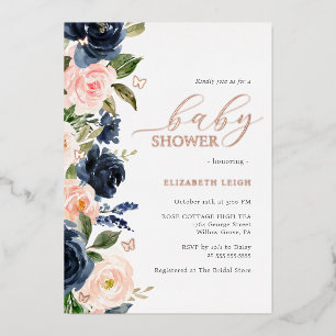 Blush Navy Floral Butterfly Baby Shower Foil Invitation