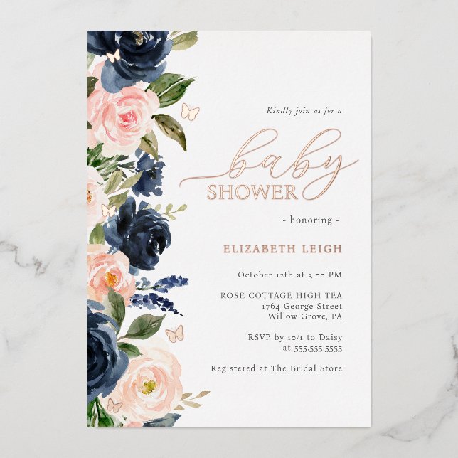 Blush Navy Floral Butterfly Baby Shower  Foil Invitation (Front)