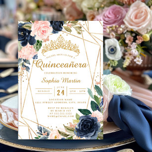 Blush Navy Floral Butterfly Geometric Quinceanera Invitation