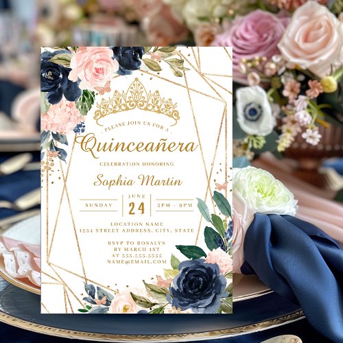 Blush Navy Floral Butterfly Geometric Quinceanera  Invitation