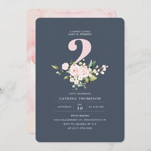 Blush  Navy Floral  Eucalyptus Girl 2nd Birthday Invitation