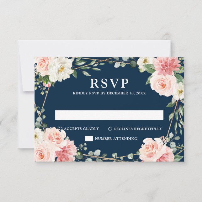 Blush Navy Floral Geometric Botanical Wedding RSVP Card (Front)