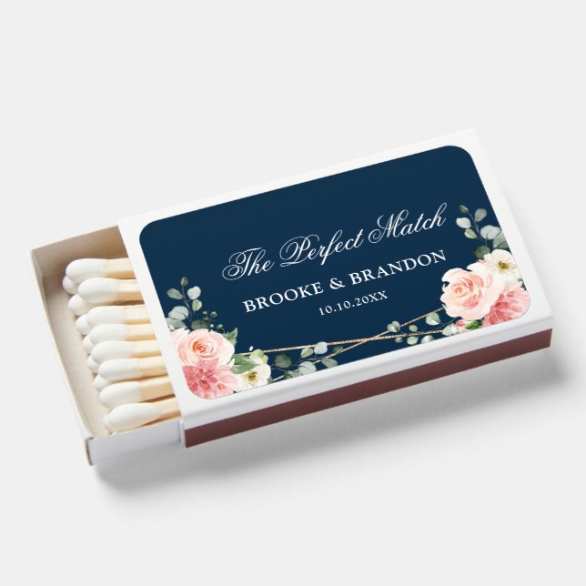 Blush Navy Floral Gold Geometric Botanical Wedding Matchboxes (Front Open)