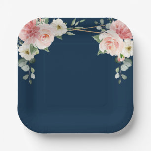 Blush Navy Floral Gold Geometric Botanical Wedding Paper Plates