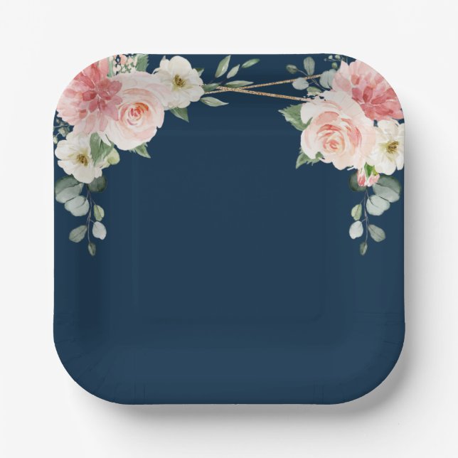 Blush Navy Floral Gold Geometric Botanical Wedding Paper Plates (Front)