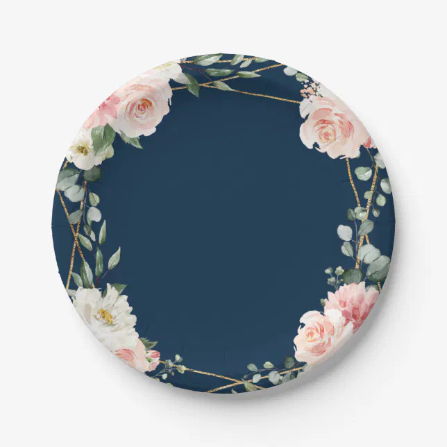 Blush Navy Floral Gold Geometric Botanical Wedding Paper Plates | Zazzle