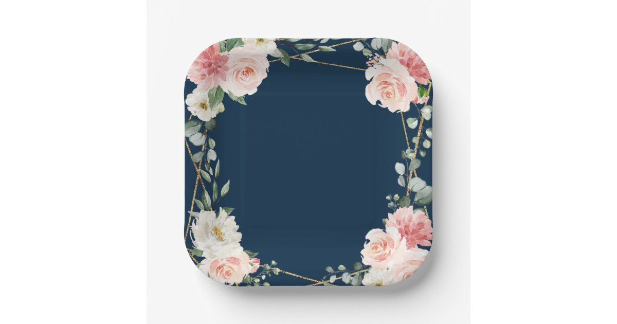 Blush Navy Floral Gold Geometric Botanical Wedding Paper Plates | Zazzle