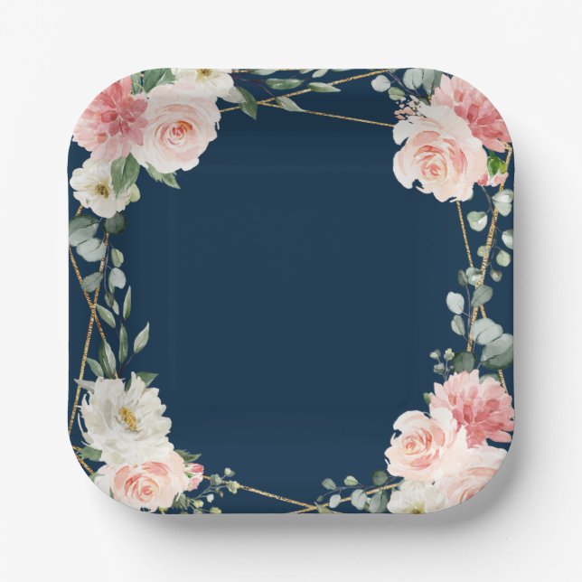 Blush Navy Floral Gold Geometric Botanical Wedding Paper Plates (Front)