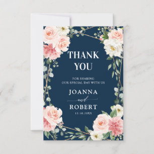 Blush Navy Floral Gold Geometric Botanical Wedding Thank You Card