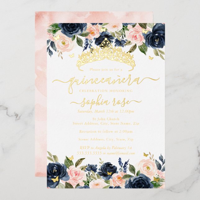 Blush Navy Floral Golden Butterfly Quinceanera Foil Invitation (Front/Back)