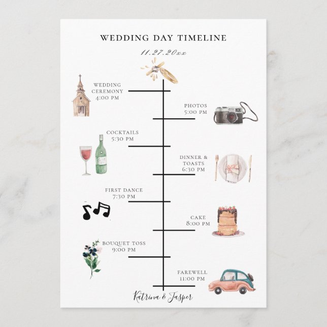 Blush Navy Floral Illustrated Wedding Timeline Program (Front)