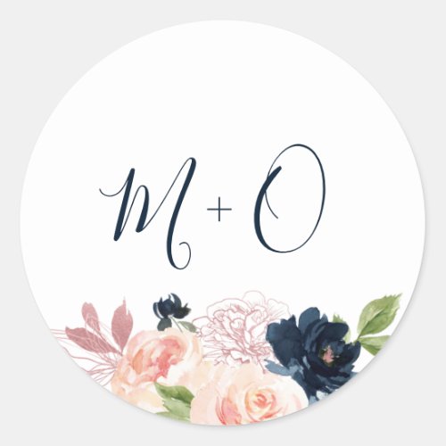 Blush  Navy Floral Monogram Wedding Favor Classic Round Sticker