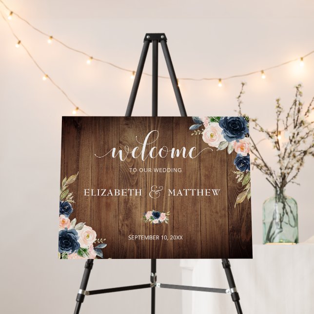 Blush Navy Floral Rustic Wood Wedding Welcome Sign (In Situ (Stand))