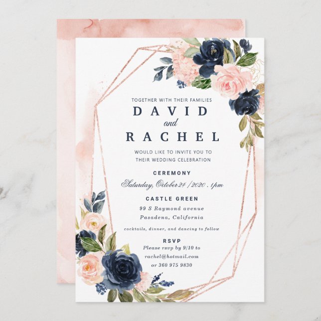Blush Navy Floral Wedding Invitation (Front/Back)