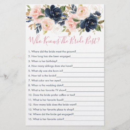 Blush  Navy Floral Who Knows The Bride Best Game