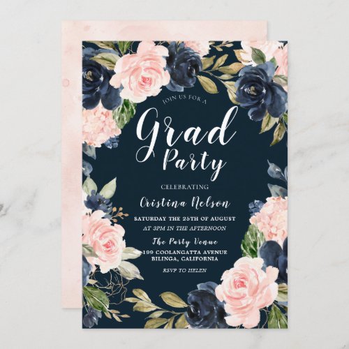 Blush Navy Floral Wreath Grad Party Graduation Invitation