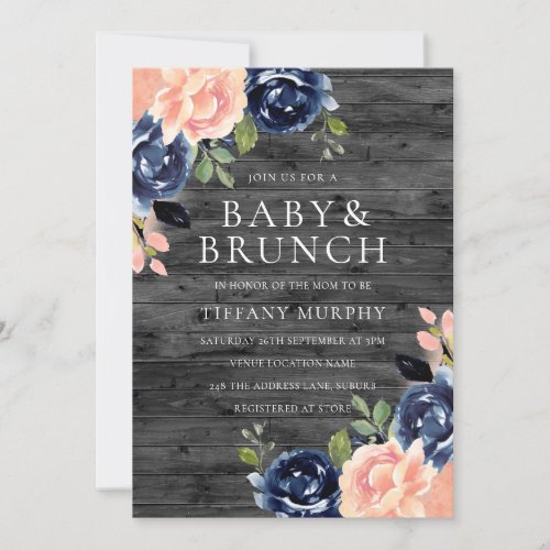 Blush  Navy Flowers Baby Shower Brunch Invite