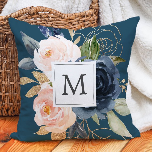 Blush & Navy Flowers Blue Monogrammed Throw Pillow (Creator Uploaded)