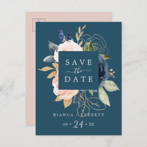 Blush  Navy Flowers Blue Save the Date Postcard