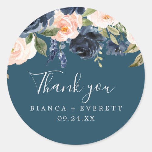 Blush  Navy Flowers Blue Thank You Favor Sticker