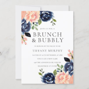 Blush & Navy Flowers Bridal Shower Brunch & Bubbly Invitation
