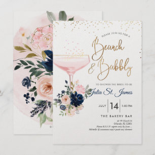 Blush+Navy Flowers Brunch Bubbly Pink Champagne Invitation