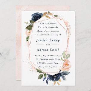 Blush & Navy Flowers Geometric All Seasons Wedding Invitation