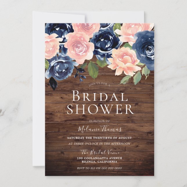 Blush & Navy Flowers Rustic Wood Bridal Shower Invitation (Front)