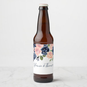 Blush & Navy Flowers Wedding Engagement Party Beer Bottle Label