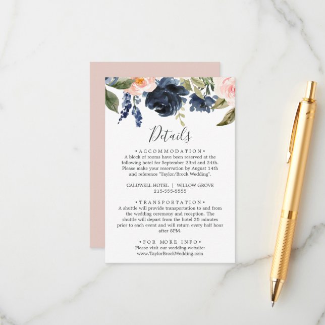 Blush & Navy Flowers White Details Enclosure Card (Front/Back In Situ)