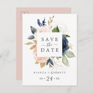 Blush & Navy Flowers White Save the Date Postcard