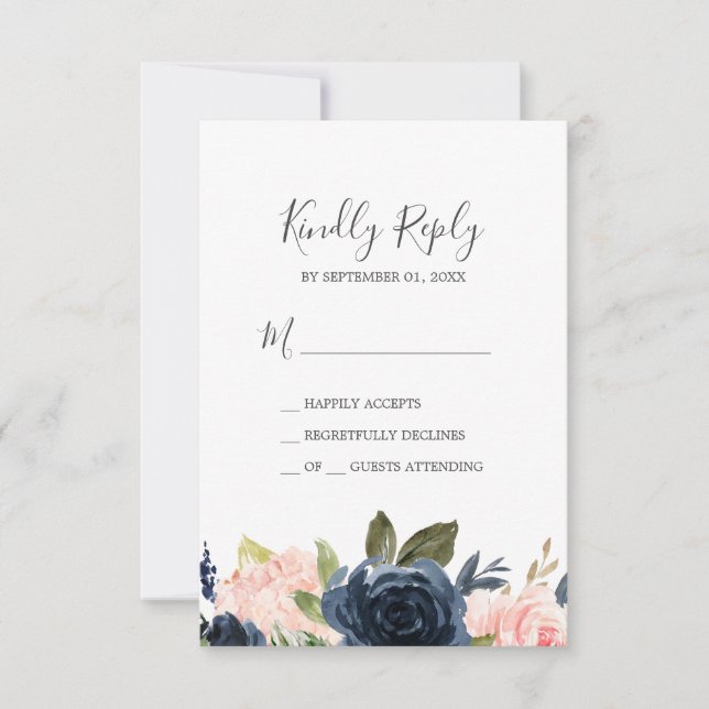 Blush & Navy Flowers | White Simple RSVP Card (Front)