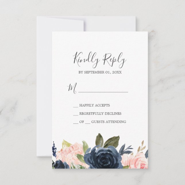 Blush & Navy Flowers | White Simple RSVP Card (Front)