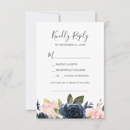 Blush  Navy Flowers White Song Request RSVP Card