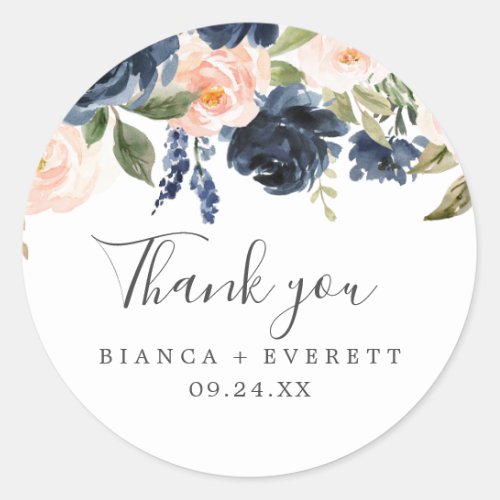 Blush  Navy Flowers White Thank You Favor Sticker