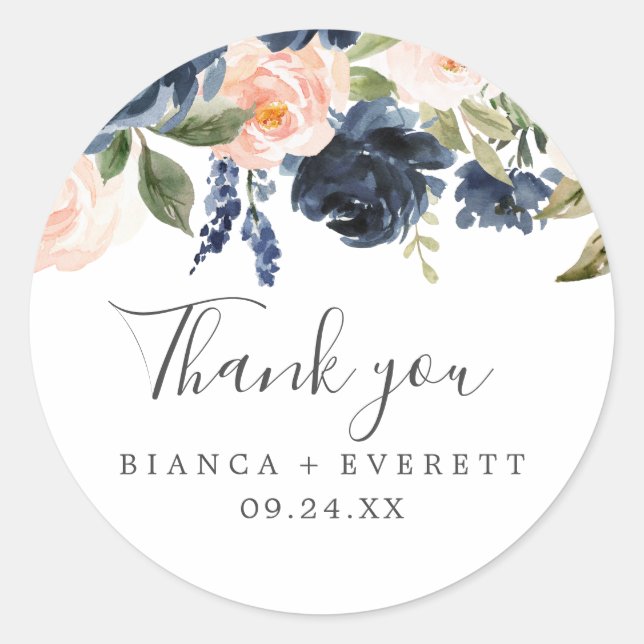 Blush & Navy Flowers White Thank You Favor Sticker (Front)