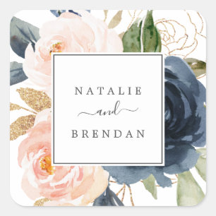 Blush & Navy Flowers White Wedding Envelope Seals