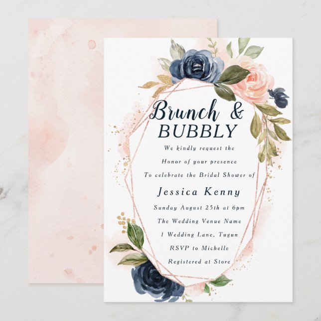 Blush Navy Geometric Bridal Shower Brunch & Bubbly Invitation (Front/Back)