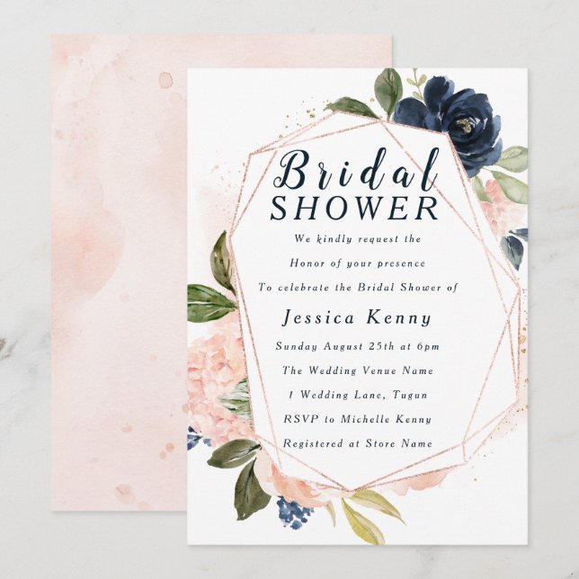 Blush & Navy Geometric Flowers Bridal Shower Invitation (Front/Back)