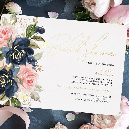 Blush Navy Gold Butterfly Bridal Shower  Foil Invitation