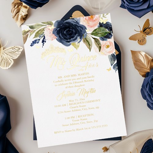 Blush Navy Gold Butterfly Mis Quince Quinceanera Foil Invitation