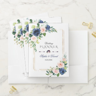 Blush Navy Gold Floral Bloom Wedding Planner Pocket Folder