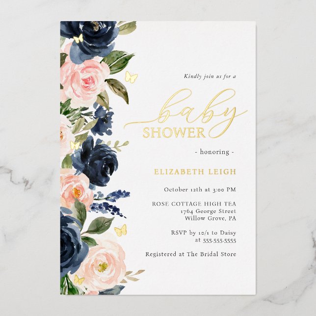 Blush Navy Gold Floral Butterfly Baby Shower  Foil Invitation (Front)