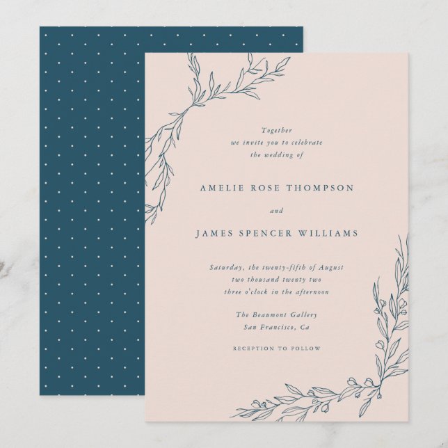 Blush & Navy Hand-drawn Foliage Botanical Wedding Invitation (Front/Back)