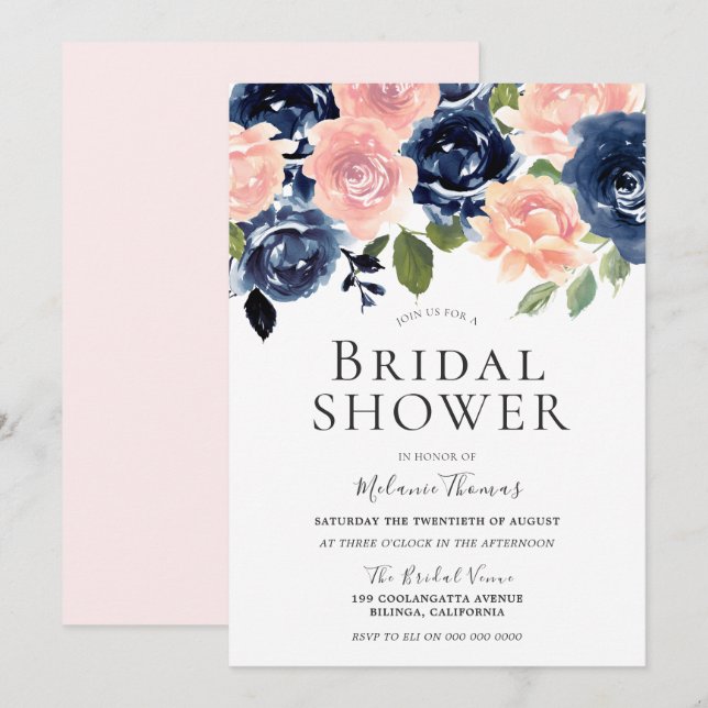Blush & Navy Hand-Painted Watercolor Bridal Shower Invitation (Front/Back)