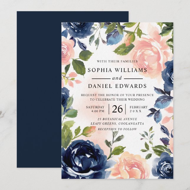 Blush & Navy Hand Painted Watercolor Floral Invitation (Front/Back)