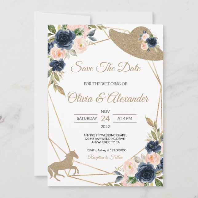 Blush & Navy Kentucky Derby Wedding Save The Date Invitation (Front)